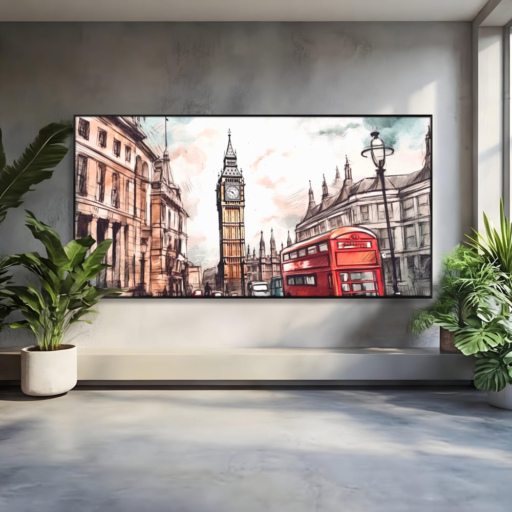 Tablou canvas cu ilustratie urbana cu big ben si autobuz rosu, in rama de aluminiu negru